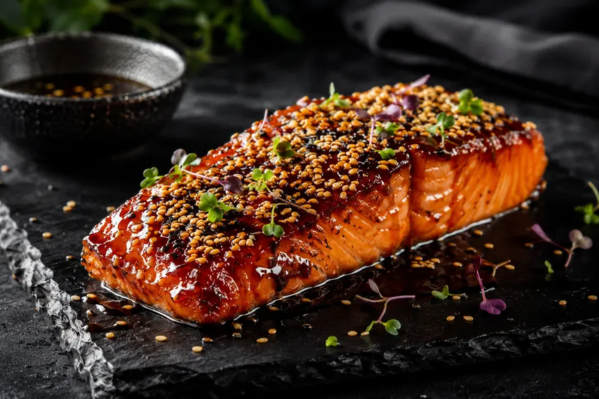 Salmón con costra de sésamo y glaseado teriyaki