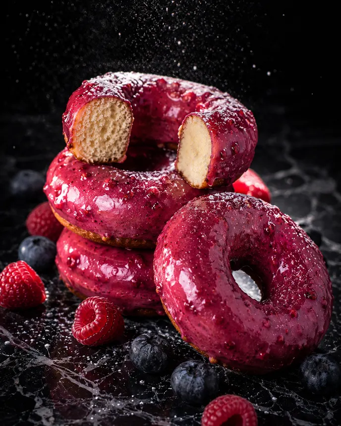 Donuts proteicos de vainilla con glaseado de frutos rojos