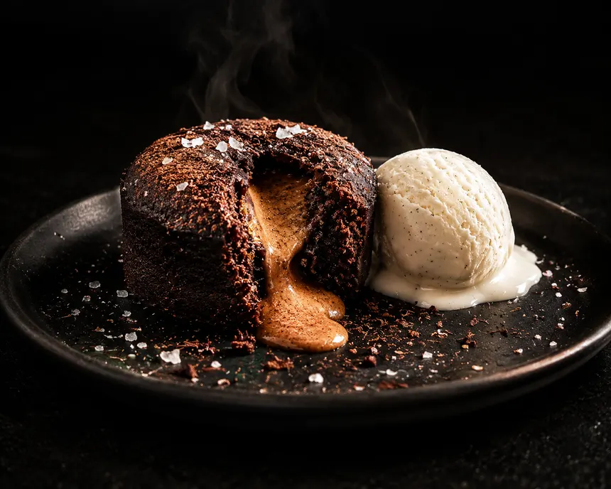 Coulant de cacao proteico con centro de mantequilla de almendras